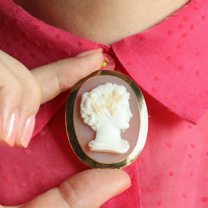 UNISEX Antique Italian Black Enamel and Hardstone Agate Portrait Cameo Brooch