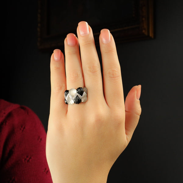 Vintage Black Onyx and Rock Crystal Ring in Solid 18k Gold