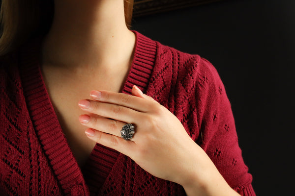 Black Pave Diamond Claw Ring in Solid 14k White Gold