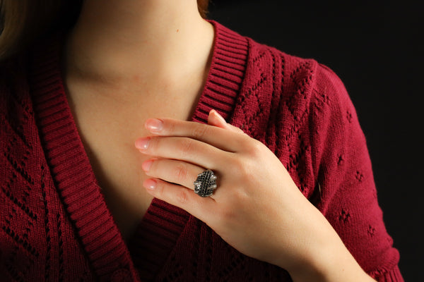 Black Pave Diamond Claw Ring in Solid 14k White Gold