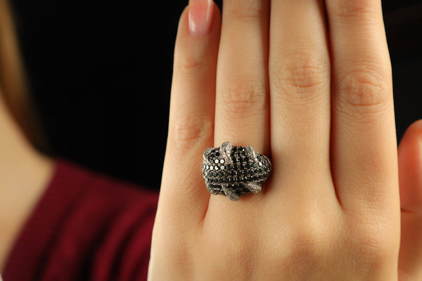 Black Pave Diamond Claw Ring in Solid 14k White Gold