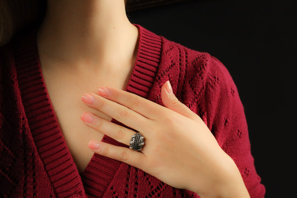 Black Pave Diamond Claw Ring in Solid 14k White Gold