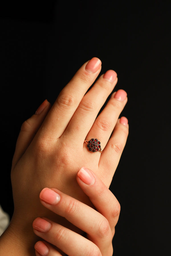 Antique Bohemian Garnet Flower Ring in Solid 14k Gold