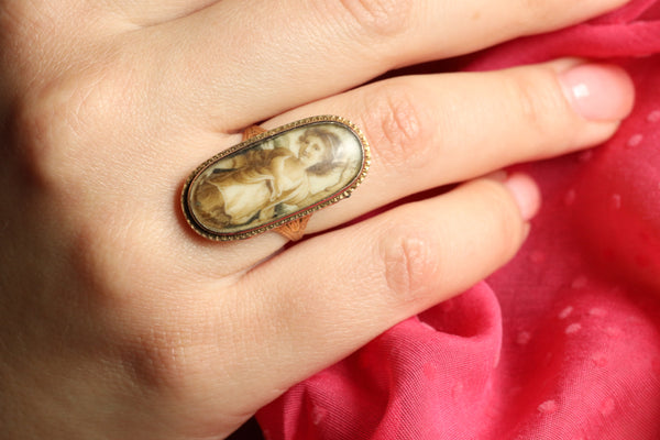 British Antique Portrait Locket Ring, Mourning Jewelry