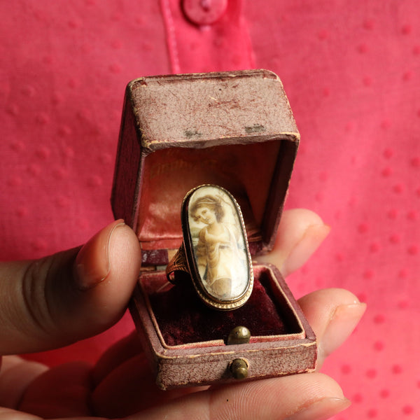 British Antique Portrait Locket Ring, Mourning Jewelry