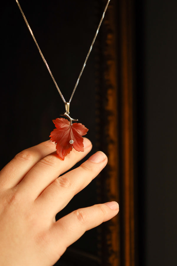 Carnelian Maple Leaf Necklace with Diamond in 14k White Gold
