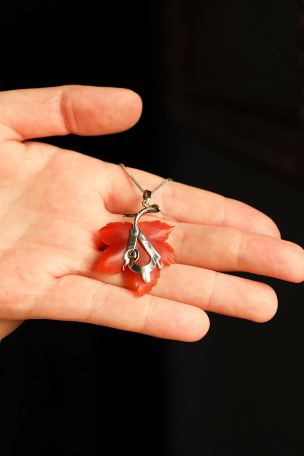 Carnelian Maple Leaf Necklace with Diamond in 14k White Gold