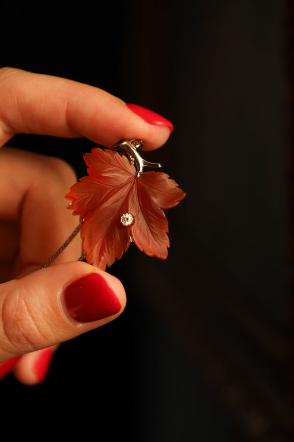 Carnelian Maple Leaf Necklace with Diamond in 14k White Gold