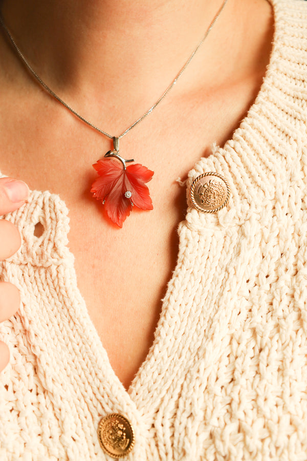 Carnelian Maple Leaf Necklace with Diamond in 14k White Gold