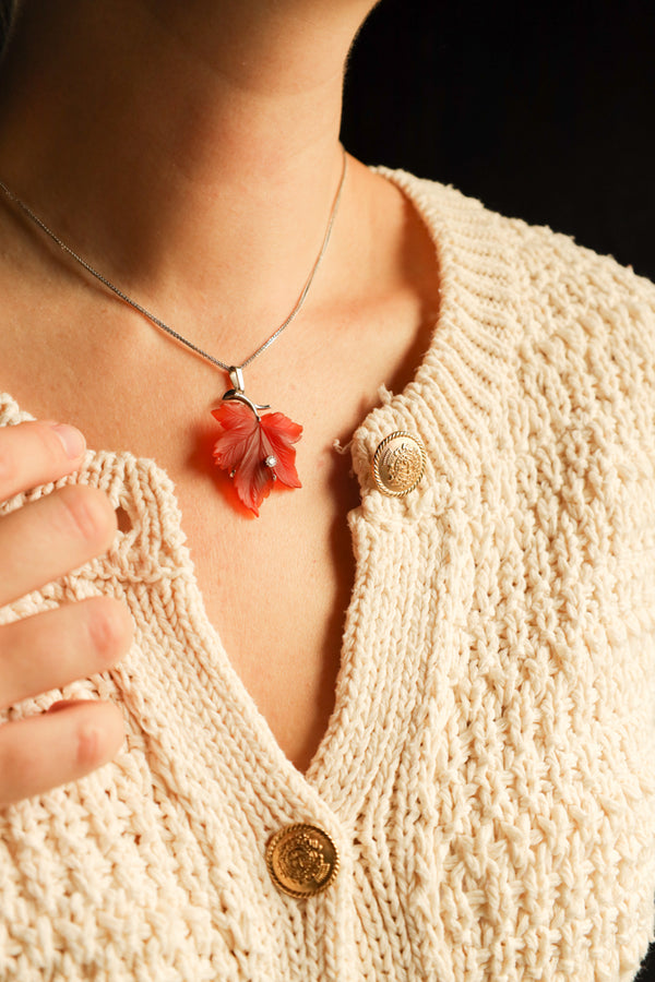 Carnelian Maple Leaf Necklace with Diamond in 14k White Gold