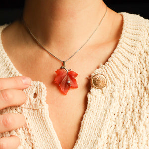 Carnelian Maple Leaf Necklace with Diamond in 14k White Gold