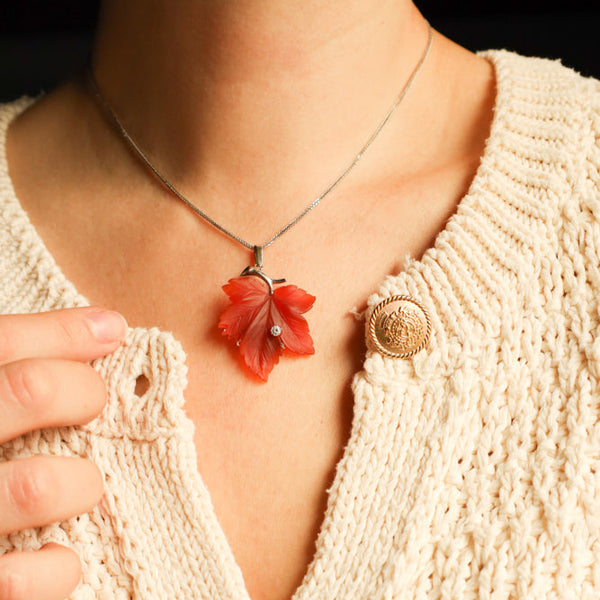 Carnelian Maple Leaf Necklace with Diamond in 14k White Gold