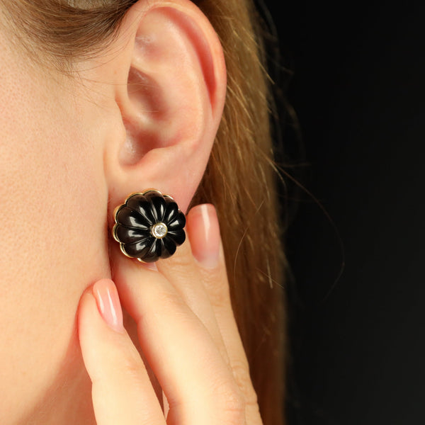 Carved Onyx Cabochon and Diamond Earrings in 14k Gold