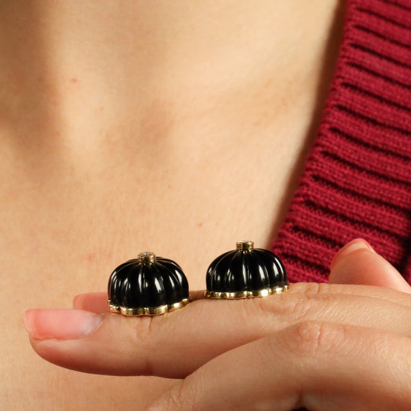 Carved Onyx Cabochon and Diamond Earrings in 14k Gold