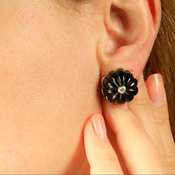 Carved Onyx Cabochon and Diamond Earrings in 14k Gold
