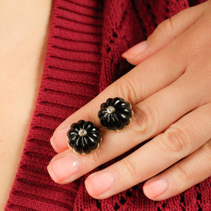 Carved Onyx Cabochon and Diamond Earrings in 14k Gold