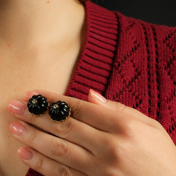 Carved Onyx Cabochon and Diamond Earrings in 14k Gold