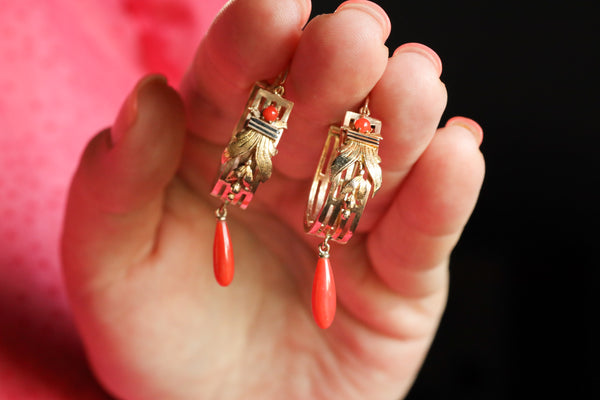 Antique Italian Coral and Black Enamel Earrings in Solid 18k Gold