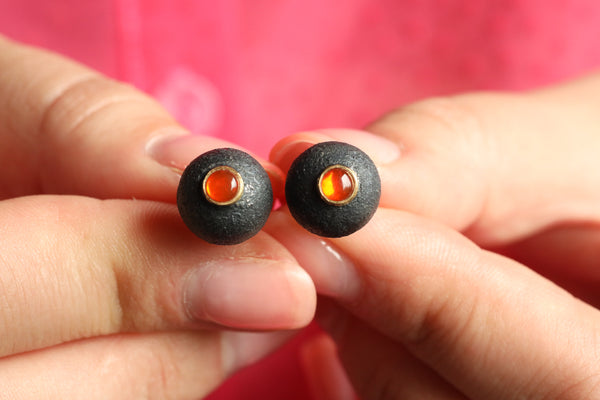Fire Opal Niello Earrings with 18k Gold Studs
