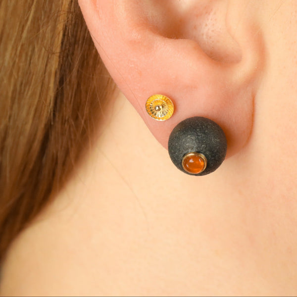 Fire Opal Niello Earrings with 18k Gold Studs