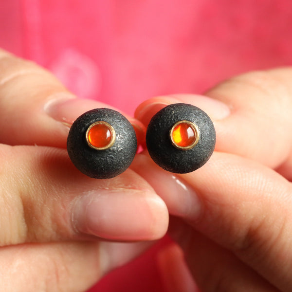 Fire Opal Niello Earrings with 18k Gold Studs