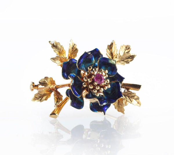 18k Gold Flower Brooch with Ruby and Blue Enamel