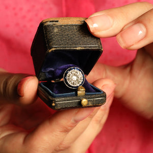 French Vintage Art Deco 0.7CT Old Mine Cut Diamond and Sapphire Platinum Ring