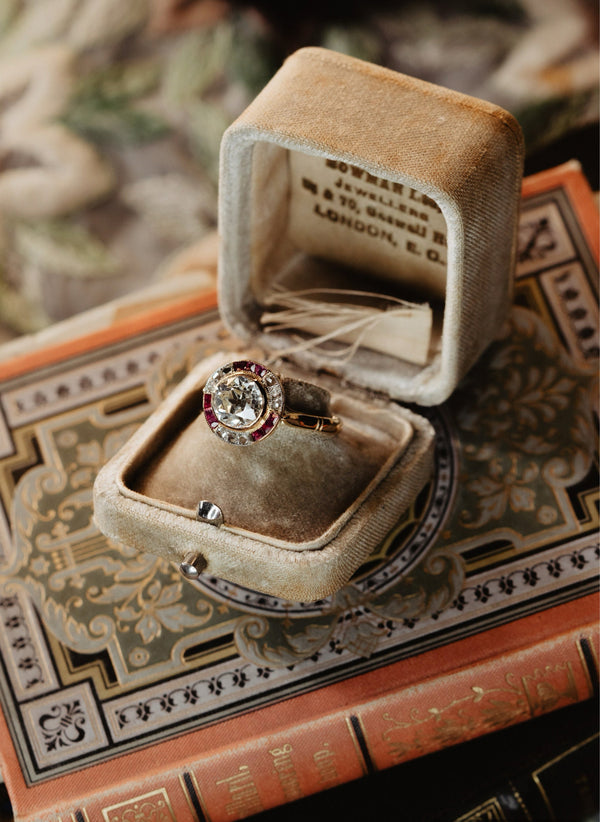 HUGE Antique Art Deco 2.6 Carat Target Diamond Ruby Halo Ring