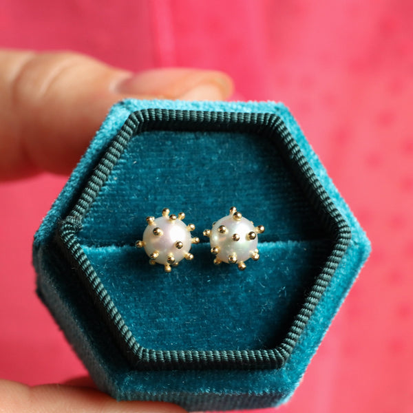 Funky Spiky Pearl Stud Earrings in Solid 18k Gold
