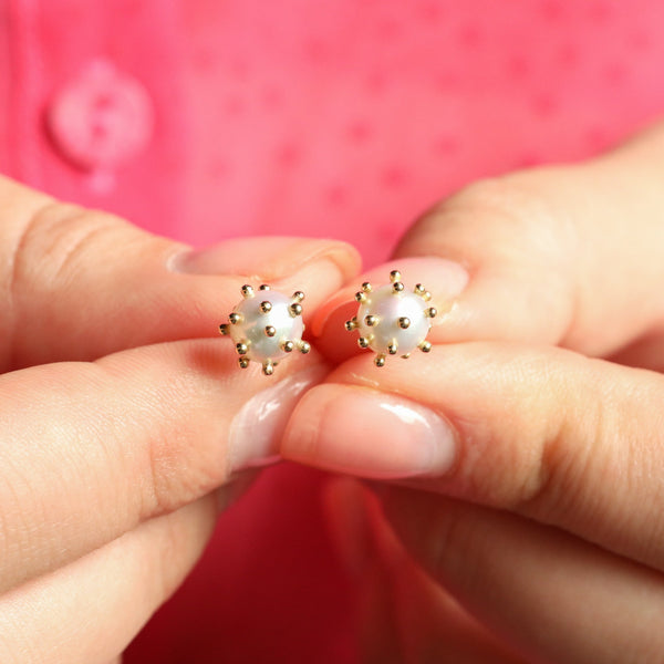 Funky Spiky Pearl Stud Earrings in Solid 18k Gold