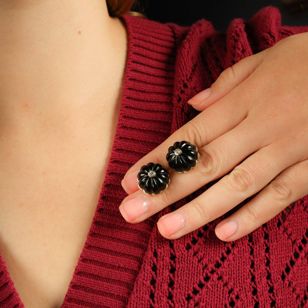 Carved Onyx Cabochon and Diamond Earrings in 14k Gold