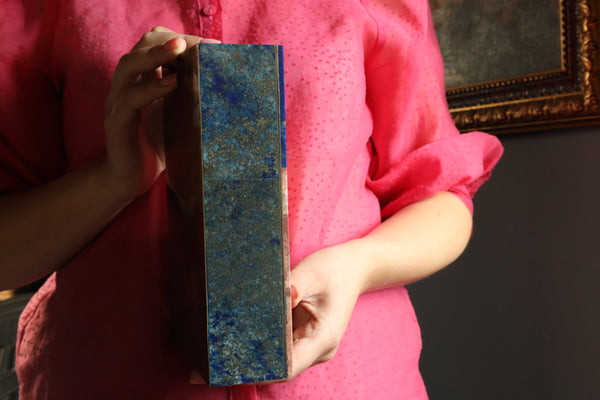 Vintage Trinket Jewelry Box with Pink Marble and Lapis Lazuli Inlay