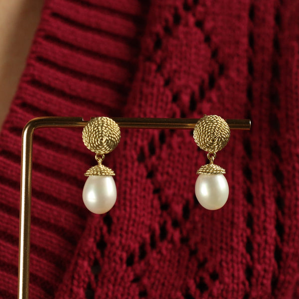 Knot Stud Earrings 14K Gold - White Pearl Teardrop Earrings