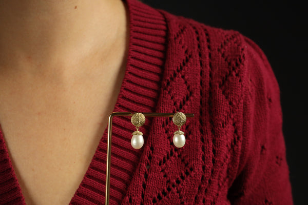 Knot Stud Earrings 14K Gold - White Pearl Teardrop Earrings