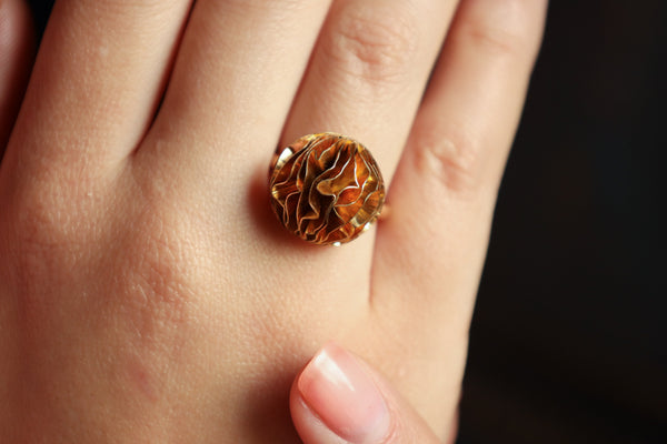 Large Round Dome Gold Ring, Hammered 18k Gold