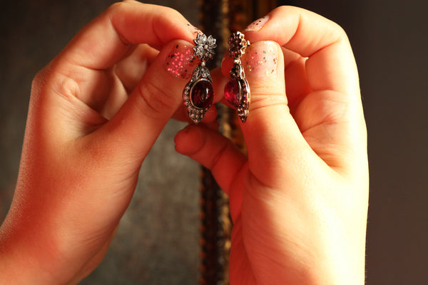 Vintage Teardrop Garnet and Diamond Earrings