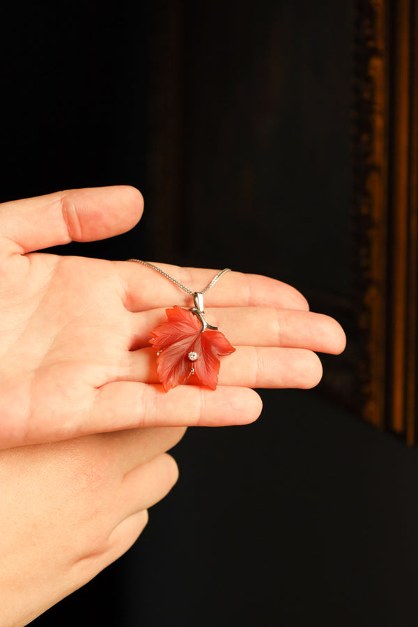 Carnelian Maple Leaf Necklace with Diamond in 14k White Gold