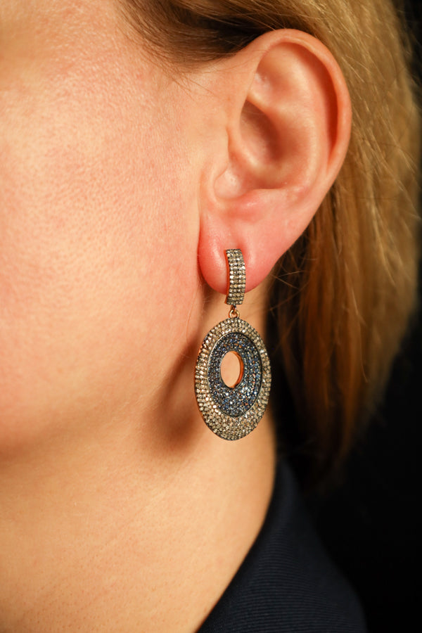 Oval Blue Sapphire Earrings with Pave Salt and Pepper Diamonds