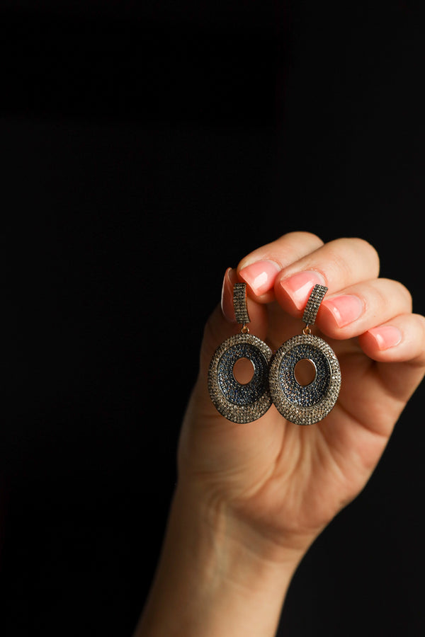 Oval Blue Sapphire Earrings with Pave Salt and Pepper Diamonds