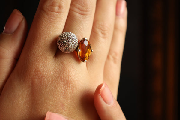 Oval Citrine Ring in Woven Silver With Pixel Alien, Repurposed Jewelry