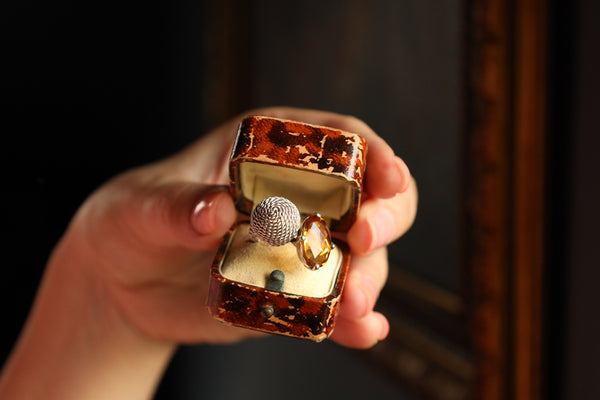 Oval Citrine Ring in Woven Silver With Pixel Alien, Repurposed Jewelry
