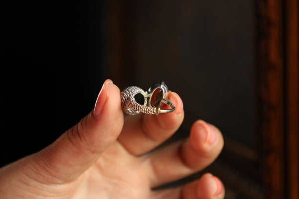 Oval Citrine Ring in Woven Silver With Pixel Alien, Repurposed Jewelry