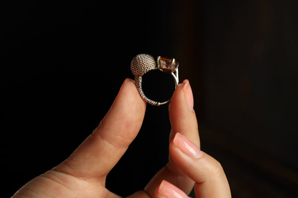 Oval Citrine Ring in Woven Silver With Pixel Alien, Repurposed Jewelry