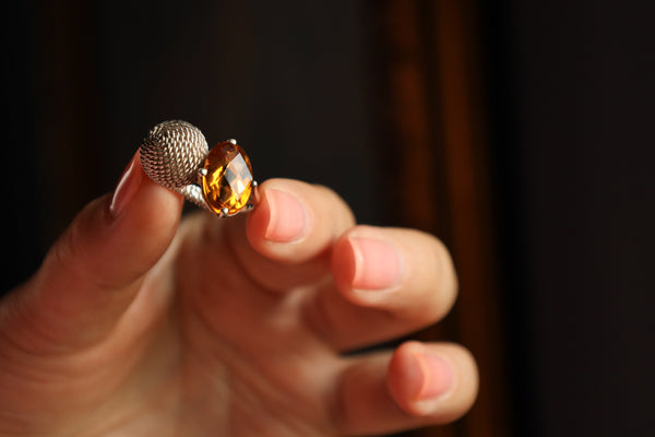 Oval Citrine Ring in Woven Silver With Pixel Alien, Repurposed Jewelry