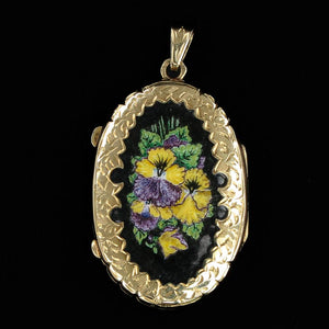 Oval Black Enamel Miniature Pansy Locket