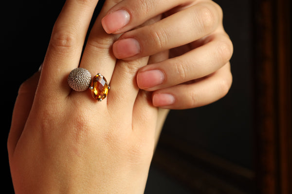 Oval Citrine Ring in Woven Silver With Pixel Alien, Repurposed Jewelry