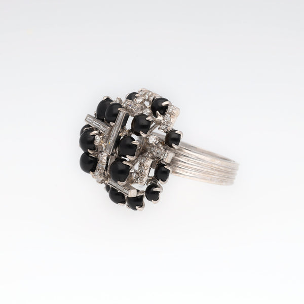 Retro Onyx Cocktail Diamond Ring in Solid 14k White Gold