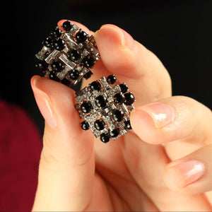 Retro Onyx Cocktail Diamond Ring in Solid 14k White Gold