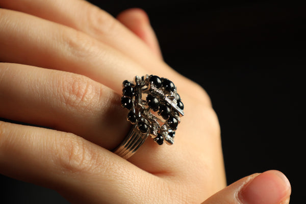 Retro Onyx Cocktail Diamond Ring in Solid 14k White Gold