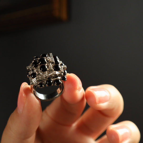 Retro Onyx Cocktail Diamond Ring in Solid 14k White Gold